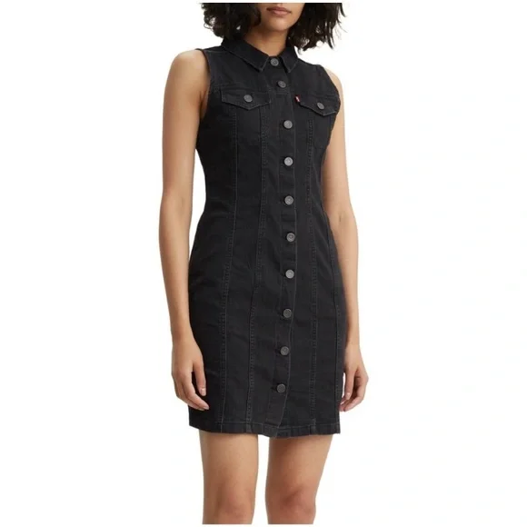 LEVI'S “Aubrey” Black Denim Sleeveless Button Front Short Dress Women’s Size M - Picture 1 of 12